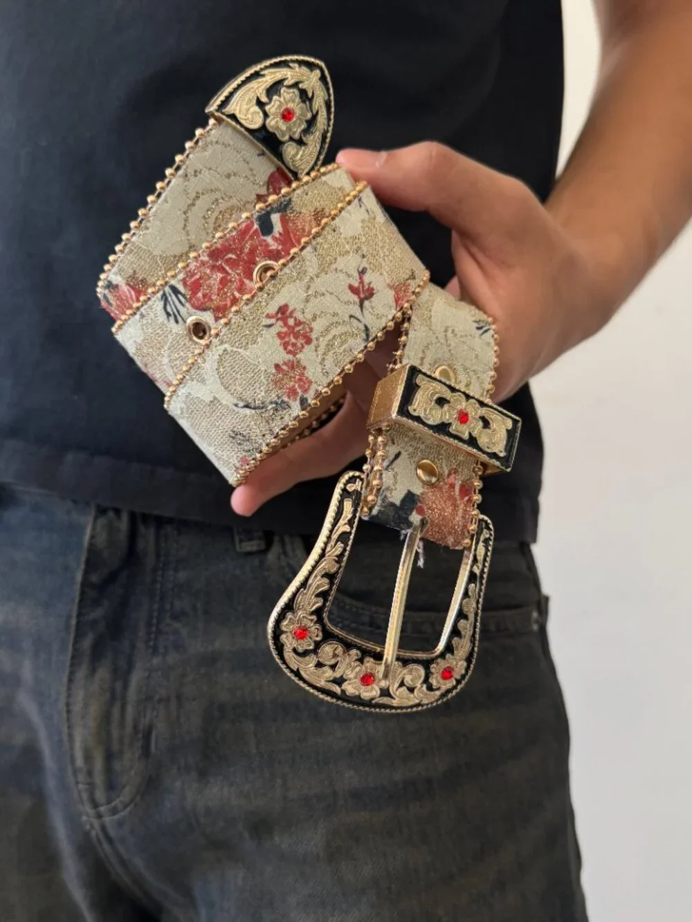 Cream Floral Jacquard Ornate Western Buckle Belt